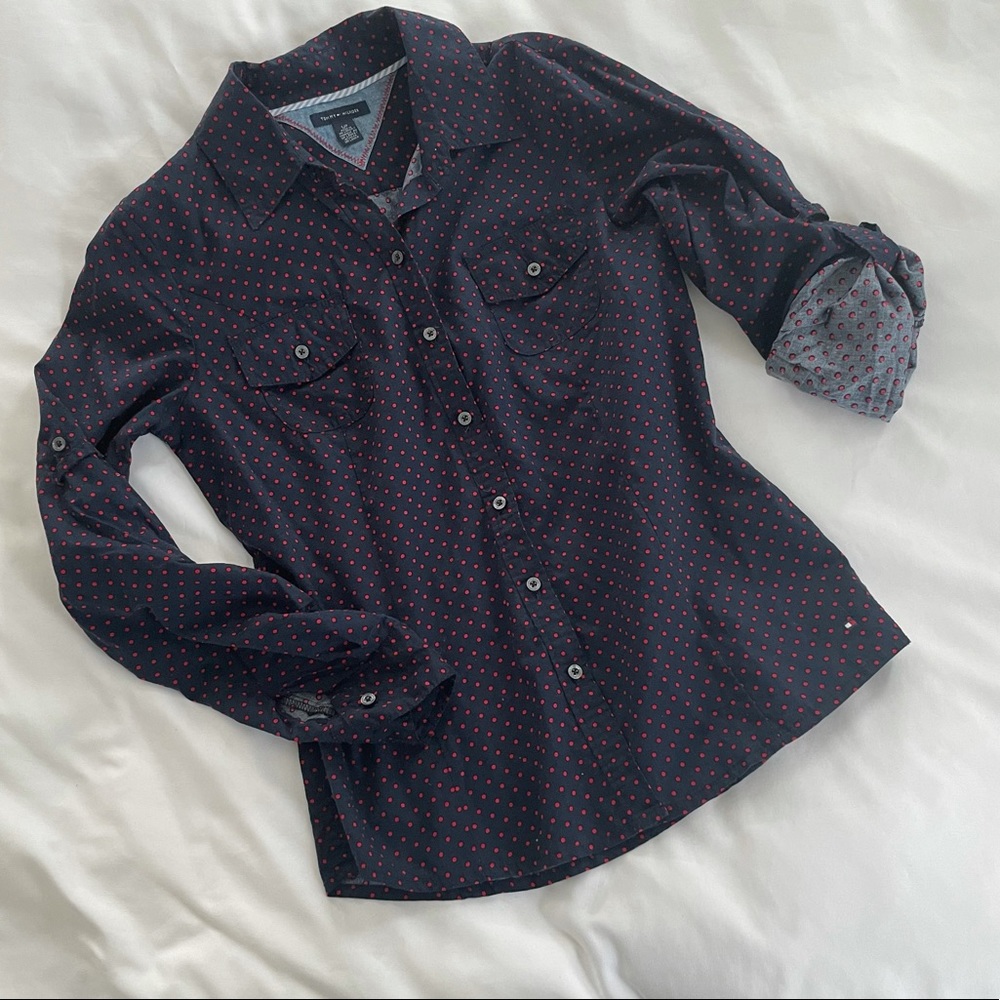 Women’s Tommy Hilfiger Red and Blue Polka Dot button down Shirt Size Small